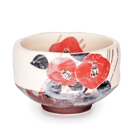 Red Flower Mini Matcha Bowl 8oz 3.75"D x 1.5"H Porcelain